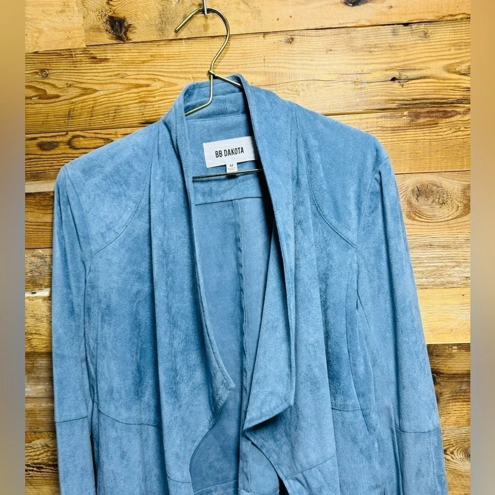 BB Dakota Faux Suede Hazy Blue Waterall blazer office party jacket boho street M - Picture 2 of 4